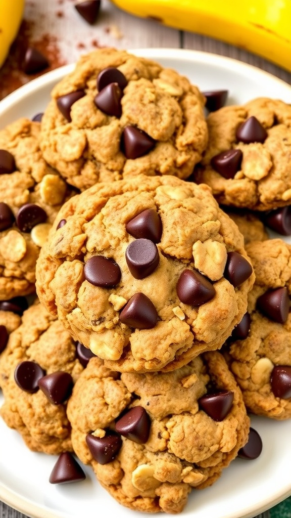 Plate of chocolate banana oatmeal cookies with chocolate chips, ripe bananas, and cocoa powder.